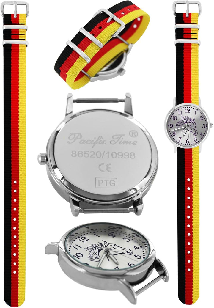 Pacific Time Mädchen Uhr Pferde analog Quarz mit Textil Wechselarmband Deutschland 10300