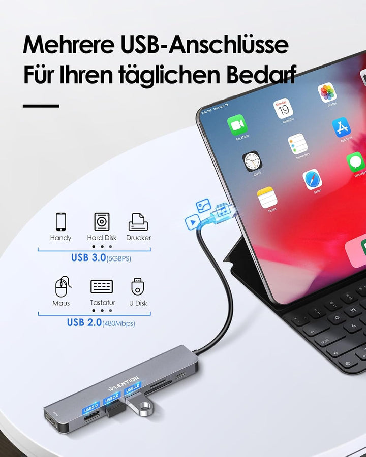LENTION USB C Hub mit 100W PD Aufladung, 4K@60Hz HDMI, SD/TF Kartenleser, USB-3.0, Adapter USB-C auf