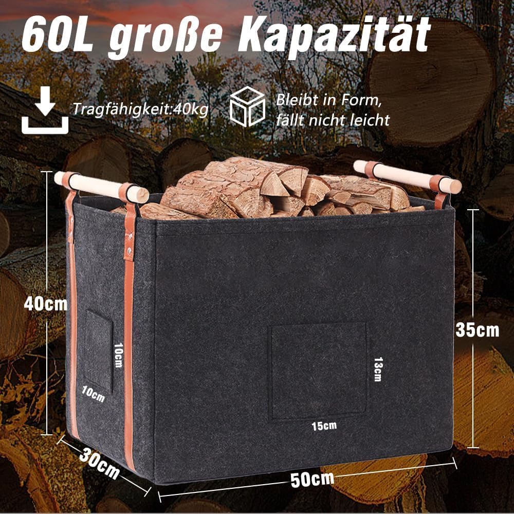 Pynhoklm® Kaminholzkorb 60L Holzkorb für Kaminholz 4mm dicker Filzkorb Brennholzkorb Kaminkorb mit H
