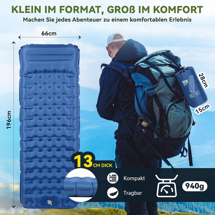 HIKENTURE Camping Isomatte, 13CM Ultradicke Isomatte Camping mit Kissen, Aufblasbare Luftmatratze Kl