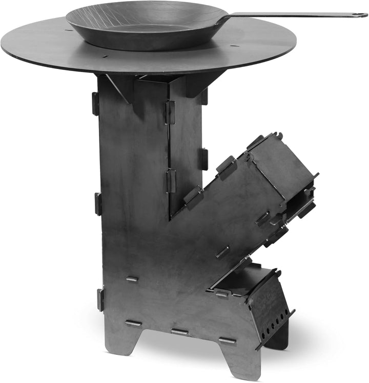 Czaja Raketenofen mit Grillplatte 5 mm dick und Eisen Bratpfanne - Rocket Stove Stecksystem aus mass