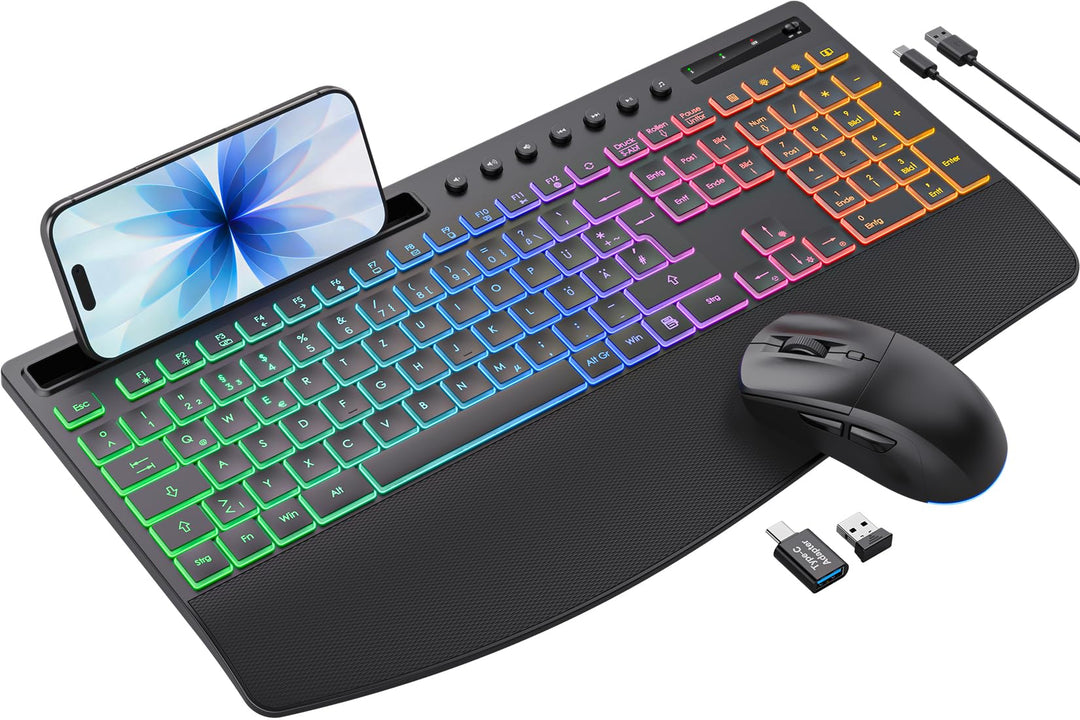 Tastatur Maus Set kabellos Beleuchtete, Wiederaufladbare Tastatur mit 4000 mAh Akku, Telefonhalter,