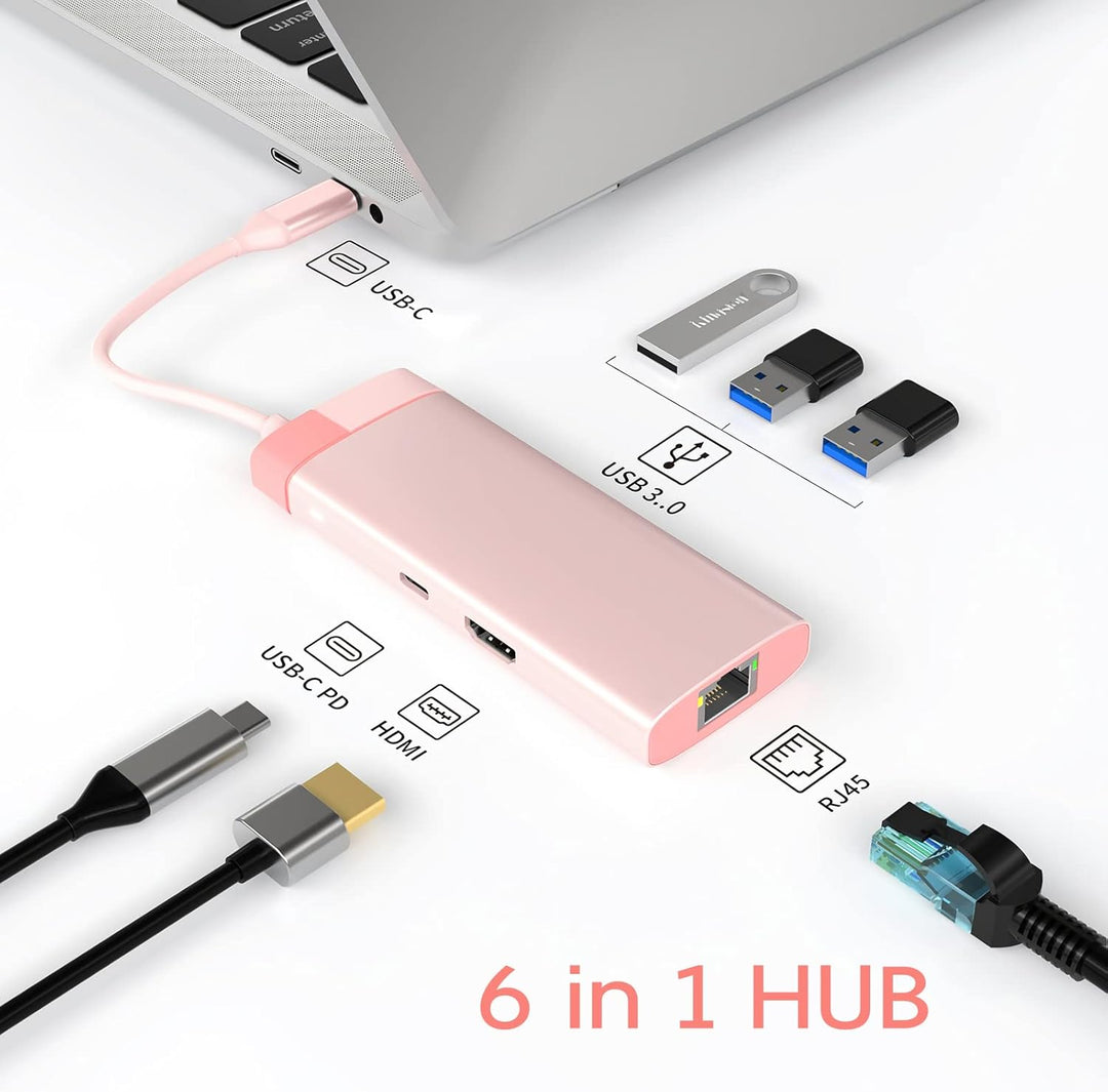 USB C Hub, USB C Adapter 6 in 1 mit Gigabit RJ45 Ethernet, 3×USB 3.0, 4K HDMI und 100W PD, Dockingst