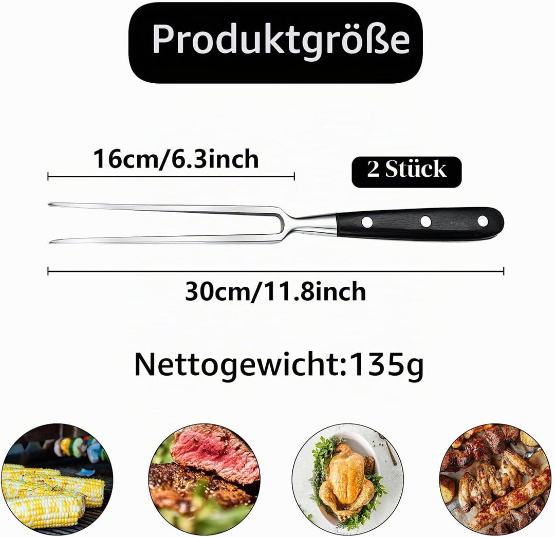 Fleischgabel 2 Stück,Fleischgabel Edelstahl Grillgabel mit Holzgriff 30cm Tranchiergabel Gerade Brat