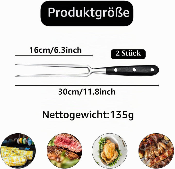 Fleischgabel 2 Stück,Fleischgabel Edelstahl Grillgabel mit Holzgriff 30cm Tranchiergabel Gerade Brat