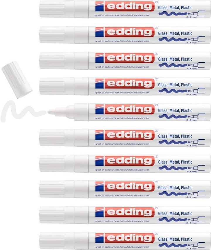 edding 750 Glanzlackmarker - weiss - 10 Lackmarker - Rundspitze 2-4 mm - Lackstift für Glas, Stein,