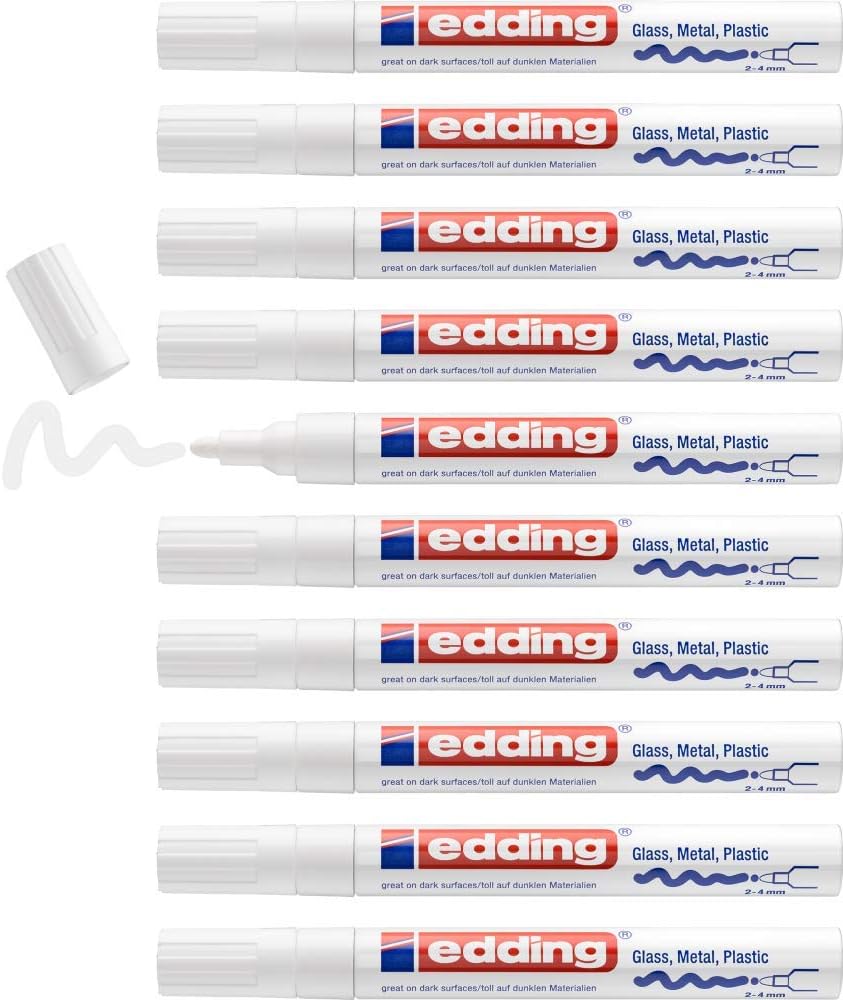 edding 750 Glanzlackmarker - weiss - 10 Lackmarker - Rundspitze 2-4 mm - Lackstift für Glas, Stein,
