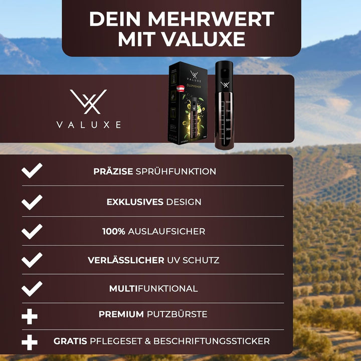 VALUXE® Ölsprüher für Speiseöl und Essig mit UV-Schutz Glas & Sprühfilter - Edelstahl Öl-Sprühflasch