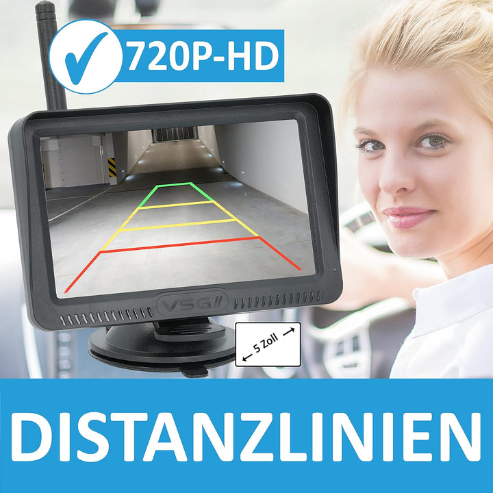 VSG24 5“ HD Funk Rückfahrsystem Premium ONE für PKW, KFZ Set kabellos inkl. Rückfahrkamera + Monitor