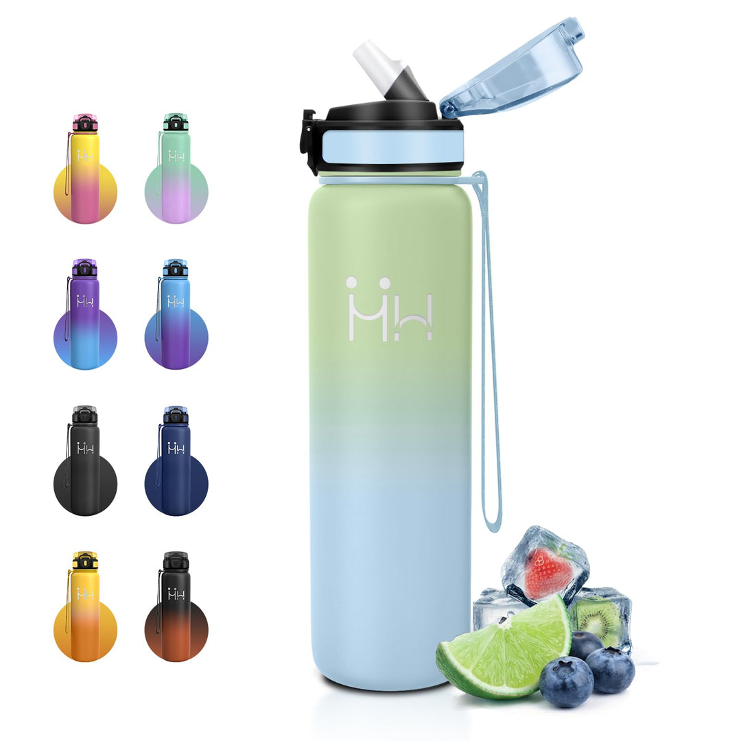 Trinkflasche Edelstahl 1L, Thermosflasche mit Strohhalm, BPA-Frei, Kohlensäure Geeignet, Einhandöffn
