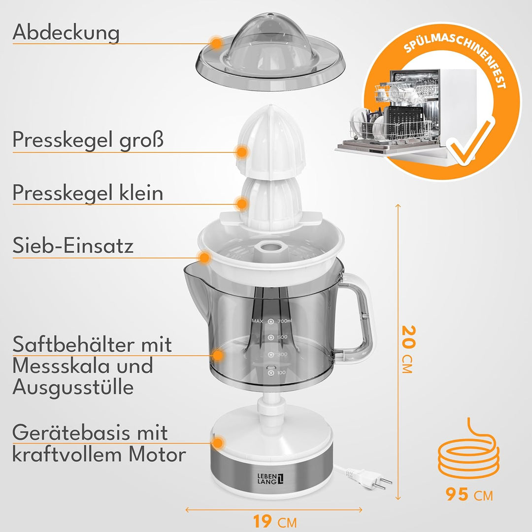 LEBENLANG Zitruspresse elektrisch - 2 Kegel &amp; BPA-Frei I Hohe Saftausbeute I 700ml Orangenpresse ele