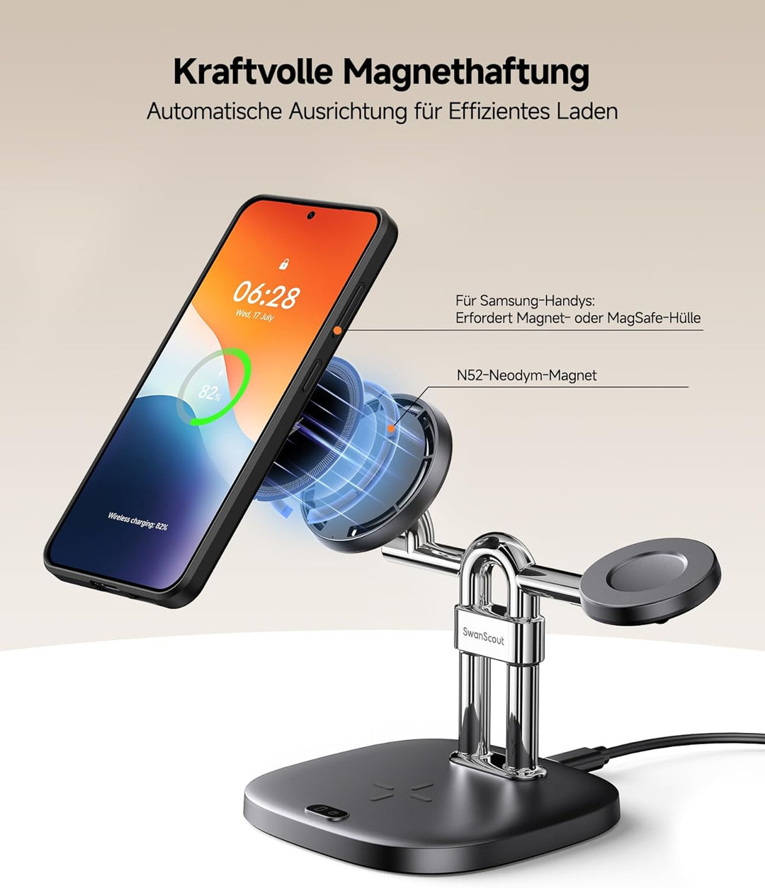 Magnetische Induktive Ladestation für Samsung S26 Ultra/S26+/S26, 3 in 1 Wireless Charger für Samsun