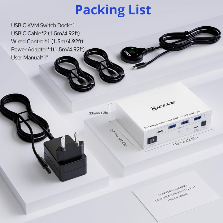 KVM Switch USB C Dock für 2 Laptops, KVM Switch 2 PC 2 Monitore USB-C HDMI, 4K@60Hz, MST, 80W PD, US