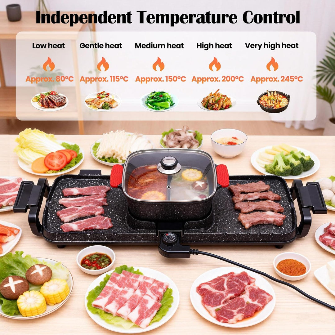 2 in 1 Elektrischer Hot Pot Grill, 1100W+2200W Multifunktionale BBQ Hot Pot, Korean Barbecue Hot Pot