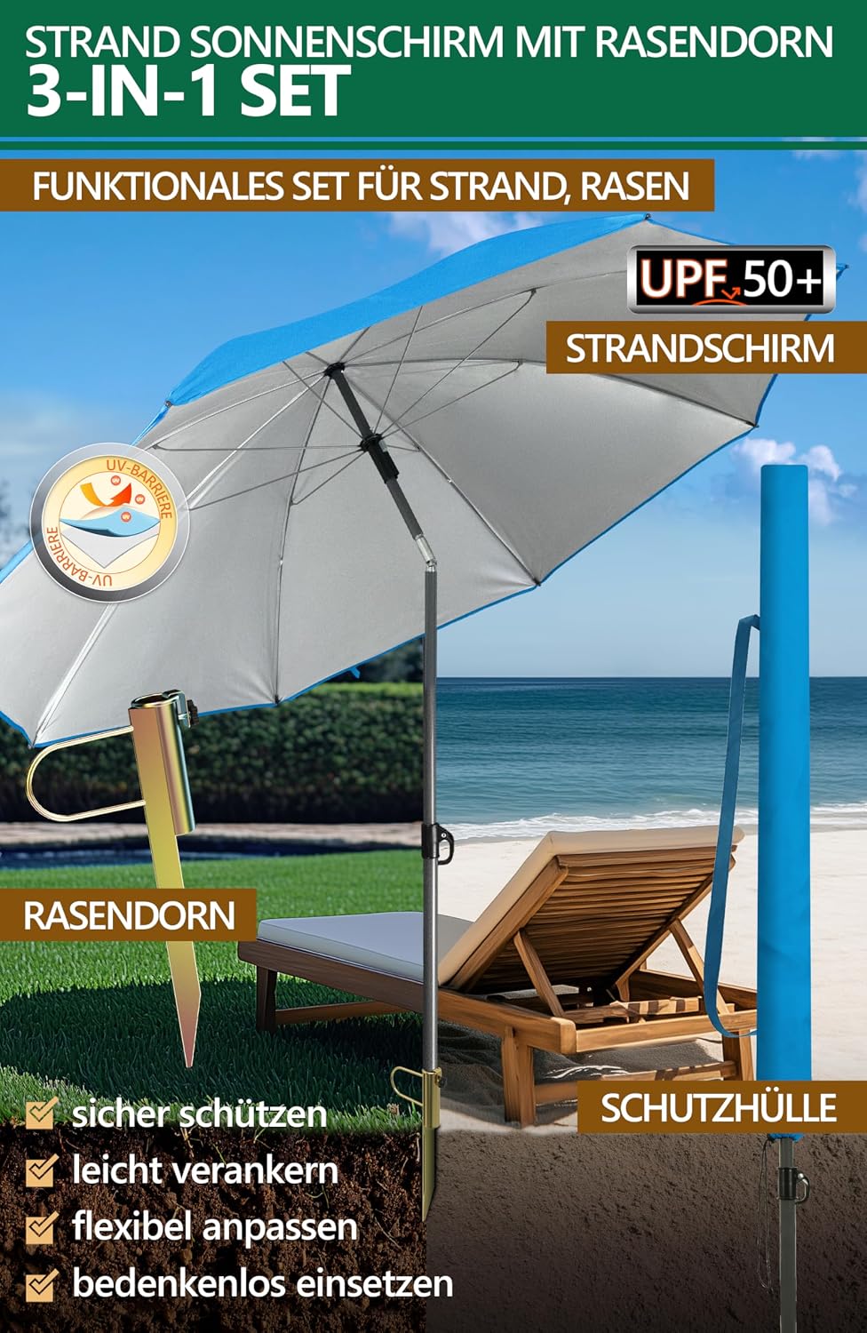 4smile Sonnenschirm Strand SunnyJoy Modern im 3er-Set, Blau - Strandschirm windfest stabil 160 cm +