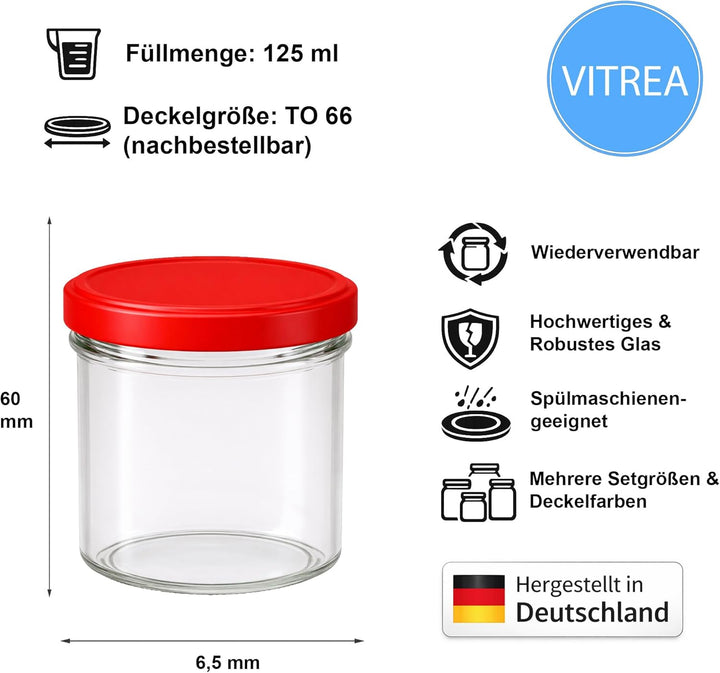 Vitrea 200x Marmeladengläser 125 ml - mit Deckel Rot TO 66 - Einmachgläser zum befüllen mit Schraubd