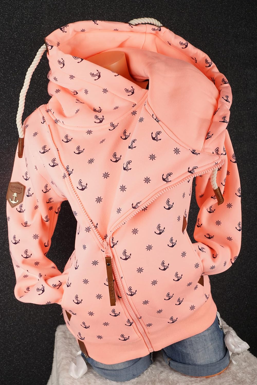 VIN TE Damen Sweat Jacke XXL Kapuze Hoodie Übergangsjacke Fleece gefüttert schräger Reissverschluss