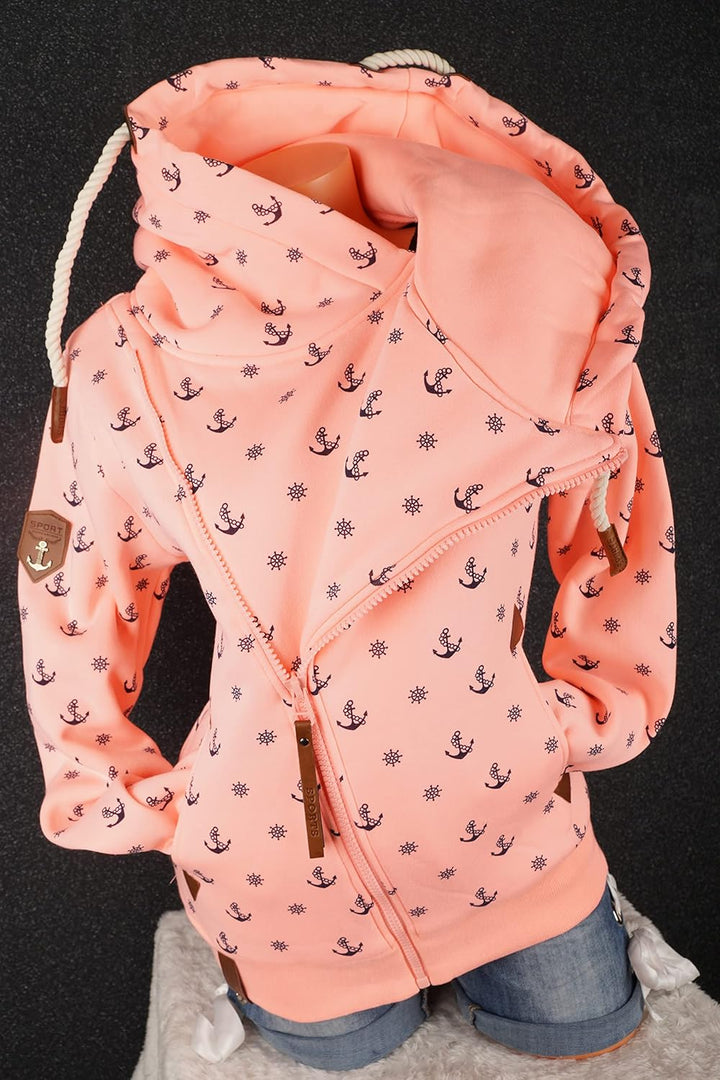 VIN TE Damen Sweat Jacke XXL Kapuze Hoodie Übergangsjacke Fleece gefüttert schräger Reissverschluss