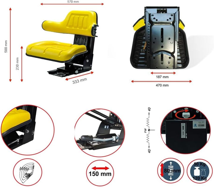 Schleppersitz Traktorsitz Universalsitz Trecker Sitz Oldtimer gefedert KS 44/2V PVC Gelb kompatibel