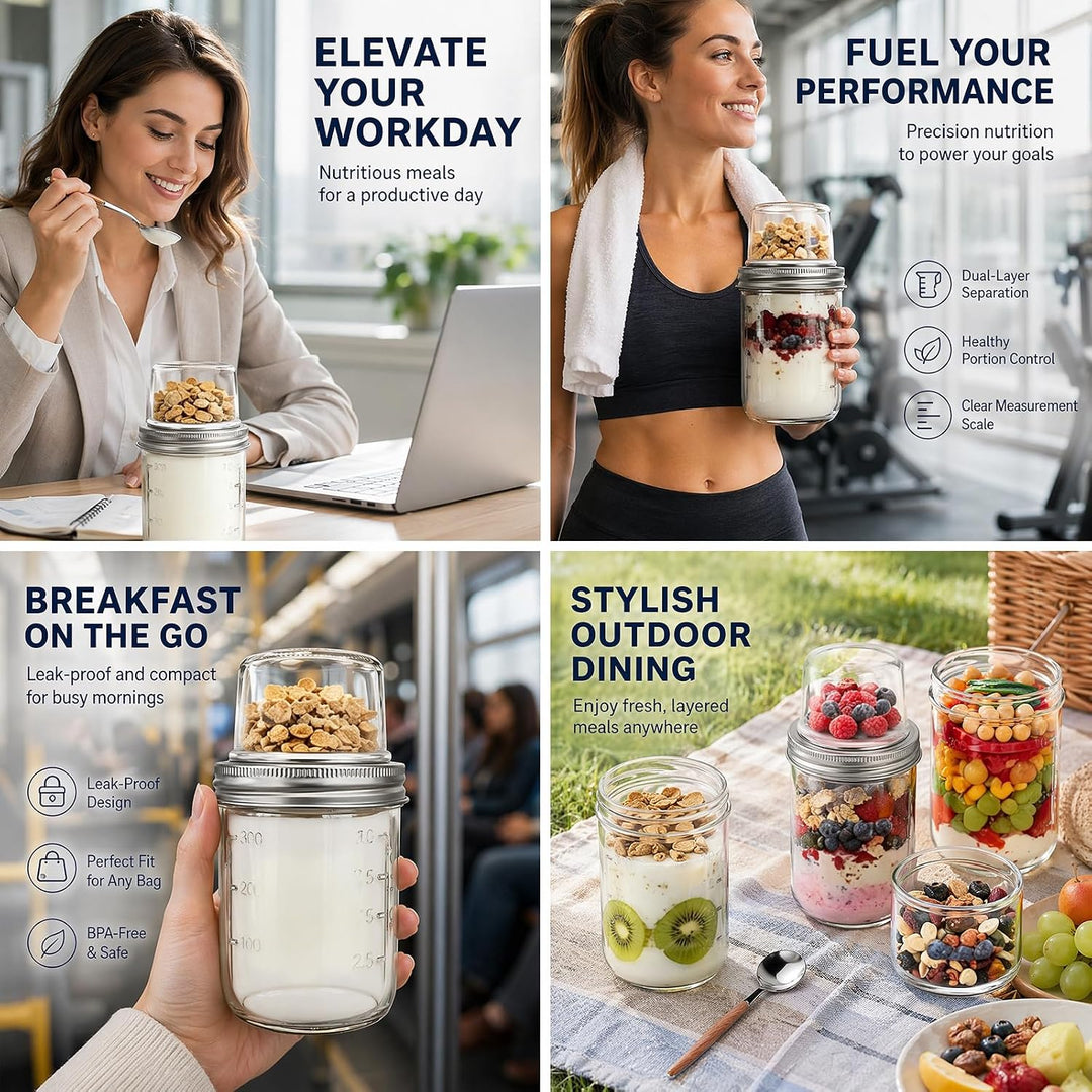 Yuragim 4er Overnight Oats Gläser, 400ml+100ml Müslibecher to go mit Deckel und Löffel, Doppelkammer