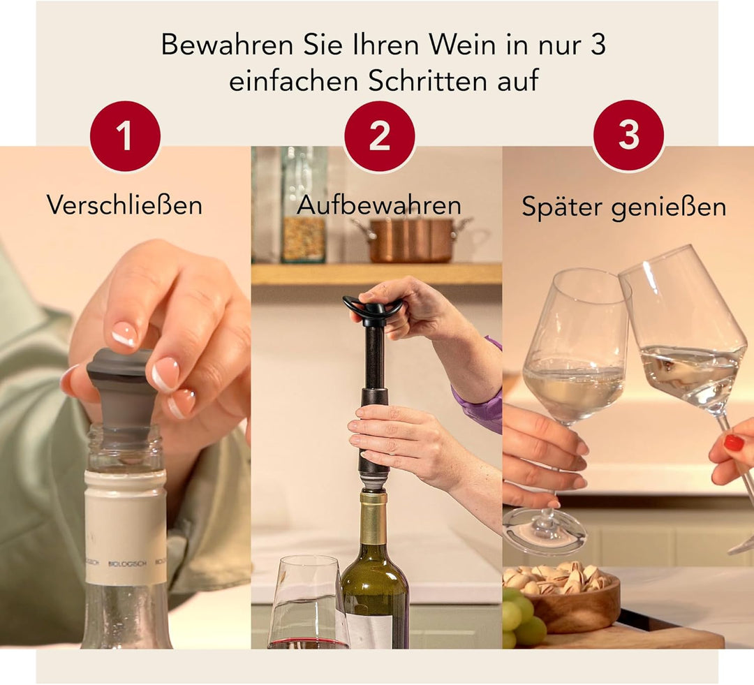 Vacu Vin Weinpumpe Concerto - Schwarz - 1 Pumpe 4 Stopper - Vakuumpumpe mit Weinflaschenverschluss -