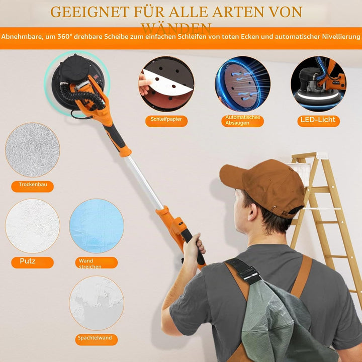 Trockenbauschleifer, 1250 Watt Elektroschleifer, 800 bis 1800 U/min, Ausziehbarem Griff, LED-Beleuch