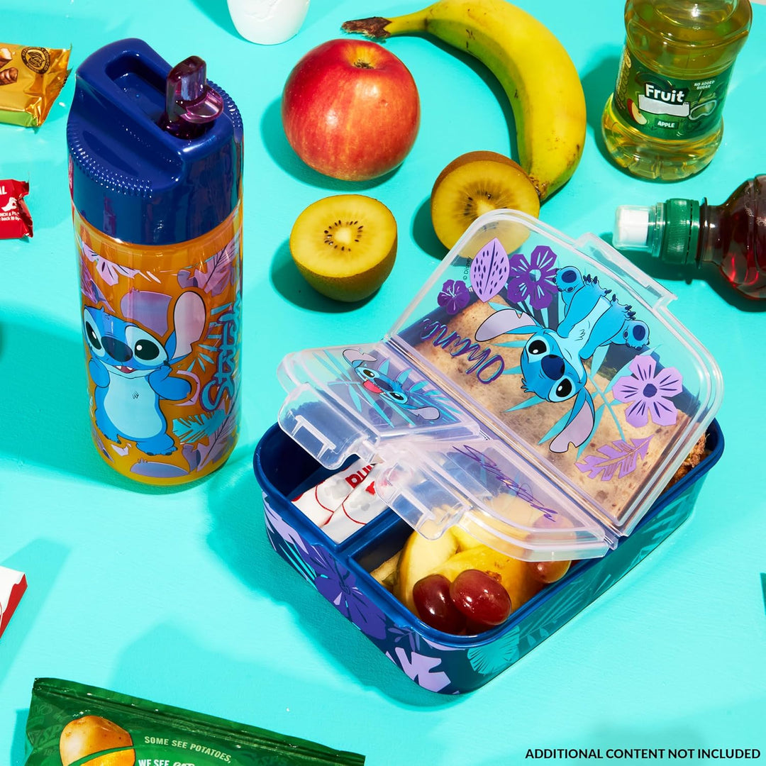 Disney Stitch Kinder Lunchbox mit Fächern und Wasserflasche für Schule und Ausflüge (Blau/Lila)