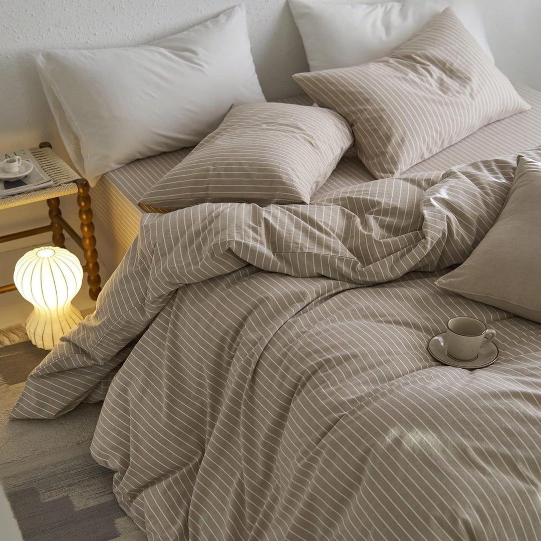 Sedefen Bettwäsche 200x220 cm Baumwolle Khaki Taupe Gestreift Baumwollbettwäsche Set,Renforce Bettbe