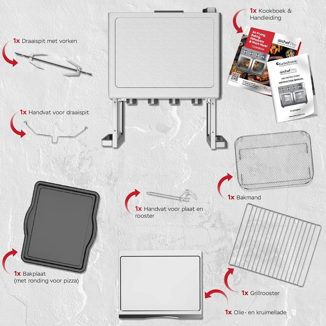TurboTronic digitaler Heissluftofen - XXL 32 Liter mit Drehspiess für Hähnchen 4in1 Mini Backofen &