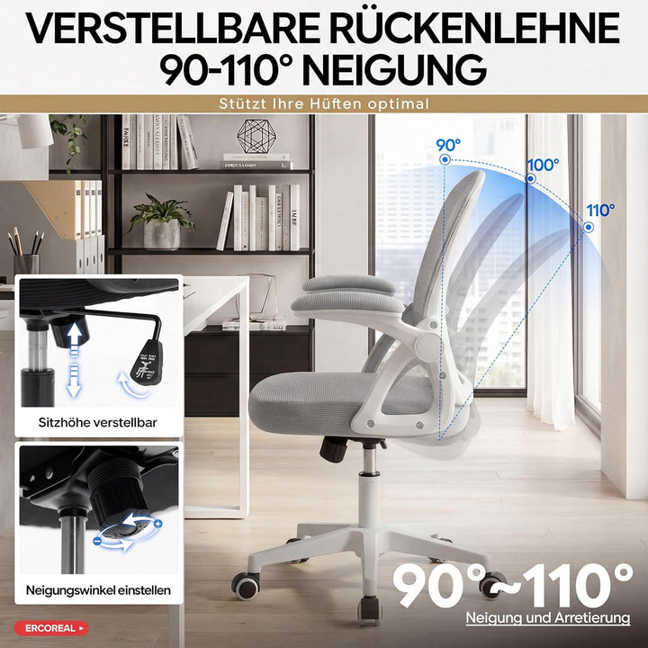 Ergonomischer Bürostuhl, 90-110° Verstellbare Rückenlehne & Aufklappbare Armlehnen (90°), Bürostuhl