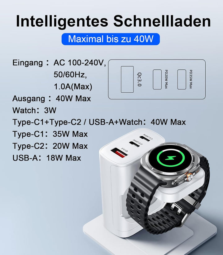 4 in 1 für Samsung Watch Ladegerät,40W USB C Ladegerät PD Schnellladegerät für Samsung Galaxy Watch