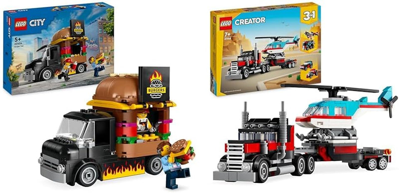 LEGO City Burger-Truck, Bauset mit Spielzeug-Auto für 5-jährige Kinder & Creator 3in1 Tieflader mit