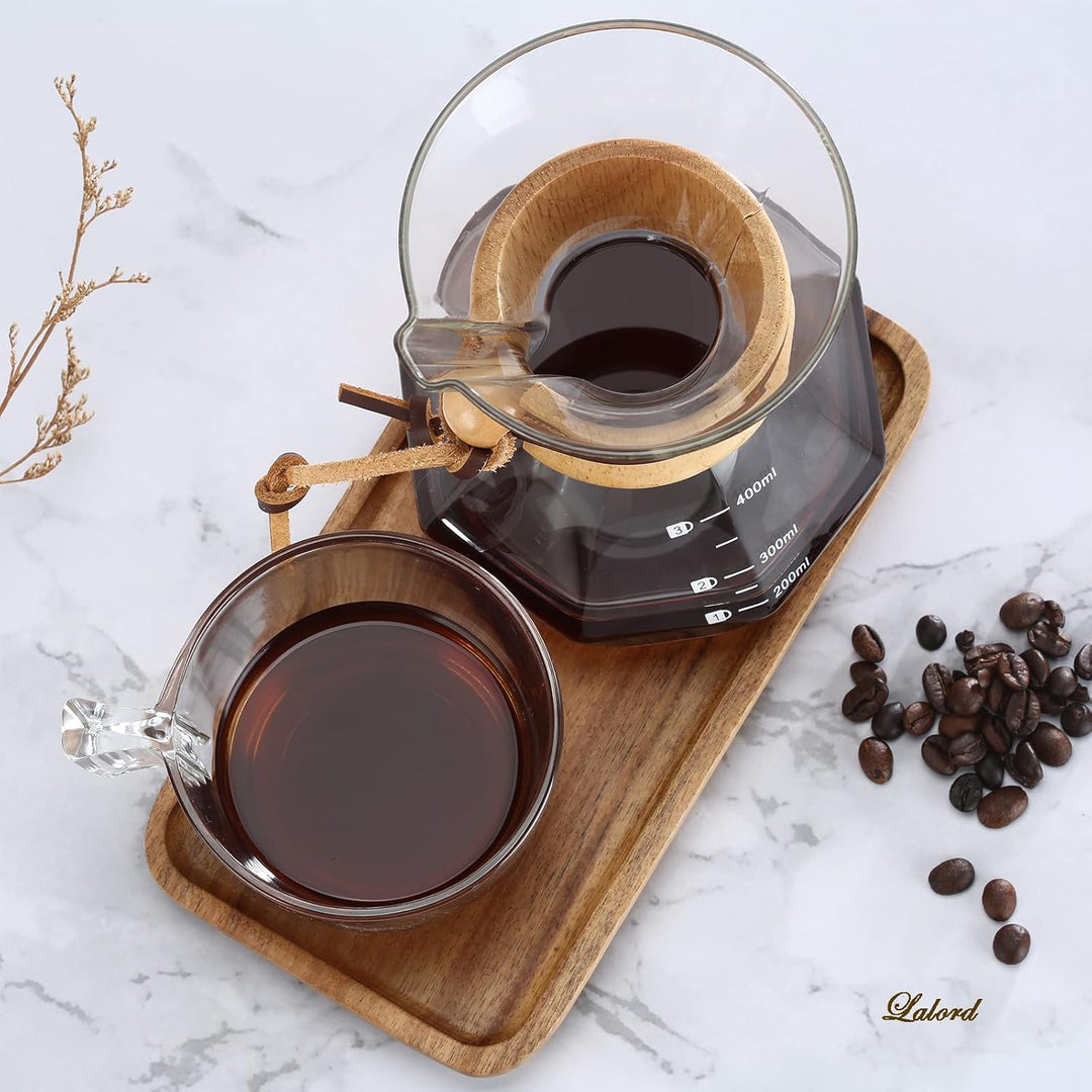 Lalord Pour Over Kaffeebereiter mit Edelstahlfilter, Borosilikatglas Kaffeekanne, Holzkragen, Kaffee