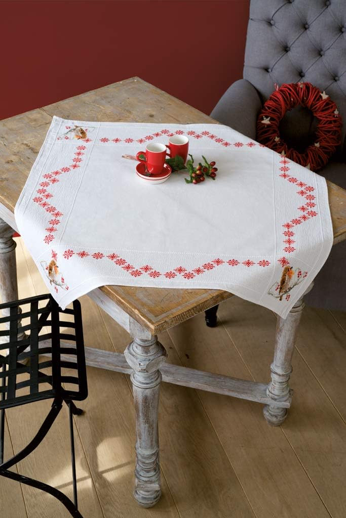 Vervaco Aida Decke Rotkehlchen Kreuzstichpackung, Weiss, 80 x 80 x 0,30 cm