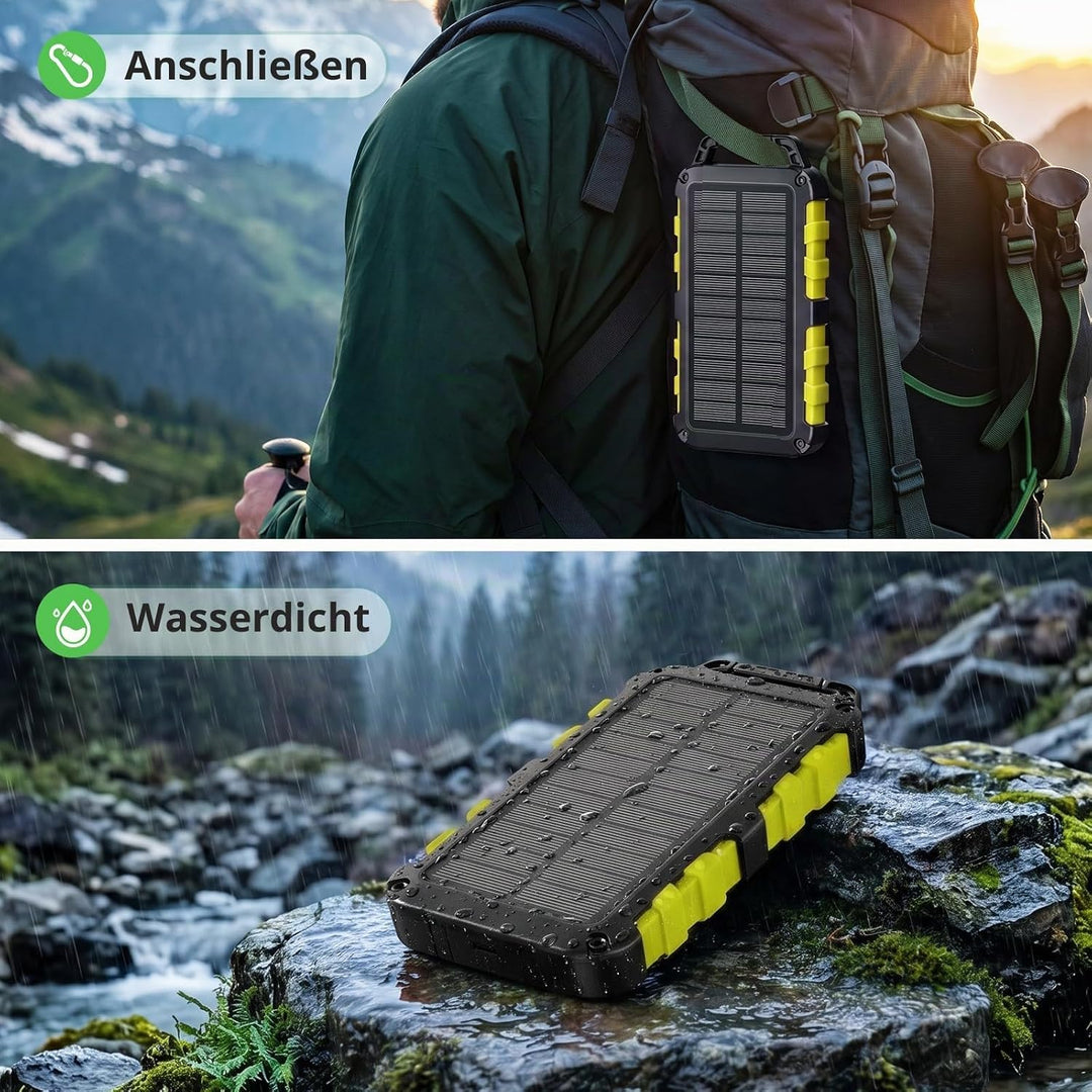 Solar Powerbank 10000mAh PD 22,5W Schnellladung IPX6 Wasserdicht, 3 Ausgangsports, LED-Leuchte mit 3