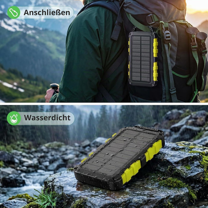Solar Powerbank 10000mAh PD 22,5W Schnellladung IPX6 Wasserdicht, 3 Ausgangsports, LED-Leuchte mit 3