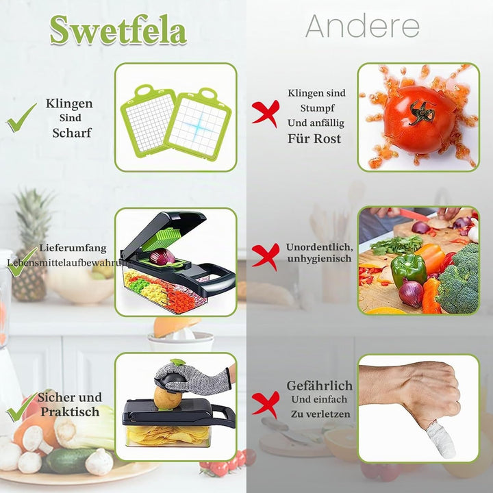 Sweetfela 18-in-1 Gemüseschneider, Multifunktion, Zerkleinerer mit 7 Klingen, Fäustlinge, Reinigungs