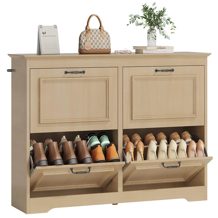 Schuhschrank Eiche Schuhkipper mit 4 Klappen, Schuhkommode Schuhregal mit Trennwände verstellbar und