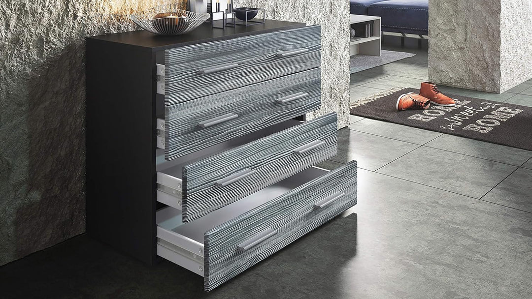 Vladon Sideboard Pavos, Kommode mit 4 Schubladen, Schwarz matt/Eiche sägerau (76 x 72 x 35 cm) L76cm