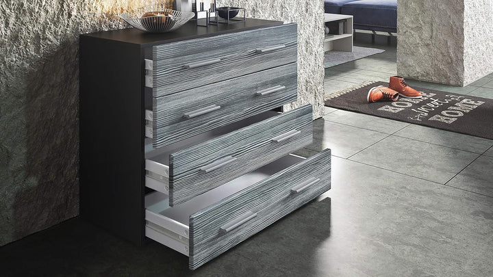 Vladon Sideboard Pavos, Kommode mit 4 Schubladen, Schwarz matt/Eiche sägerau (76 x 72 x 35 cm) L76cm