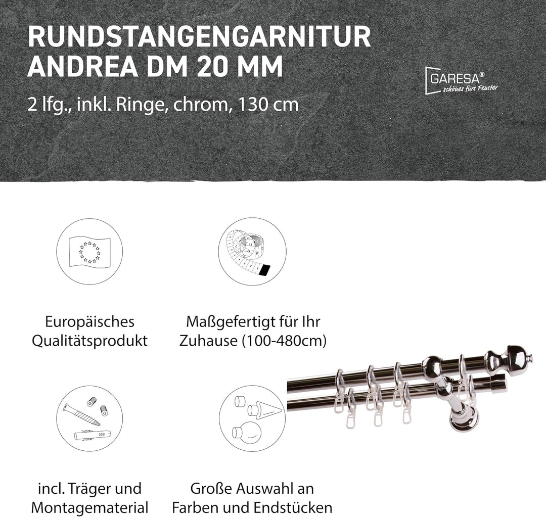 Garesa Gardinenstange Andrea Ø 20mm, 2-läufig, Chrom I Stabile Vorhangstange inkl. Ringe + Faltenleg