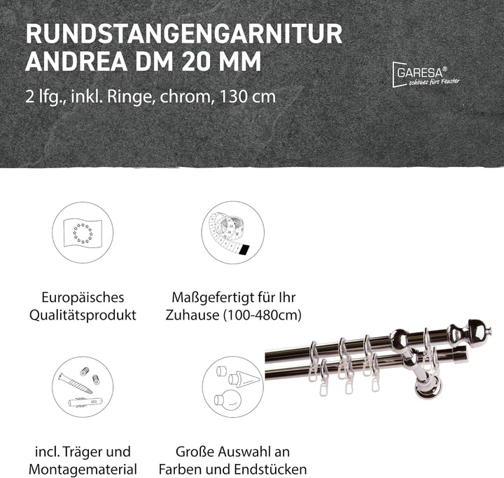 Garesa Gardinenstange Andrea Ø 20mm, 2-läufig, Chrom I Stabile Vorhangstange inkl. Ringe + Faltenleg