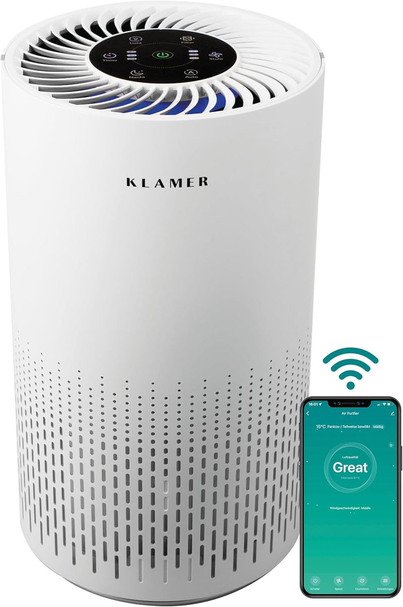 KLAMER Luftreiniger 300i mit HEPA Filter, CADR Spitzenleistung von 220 m³/h, für Räume bis 50m², ent