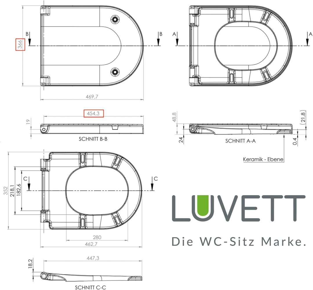 LUVETT® WC-Sitz D650 D-Form Weiss mit Absenkautomatik SoftClose, EasyClean (abnehmbar), Duroplast, e
