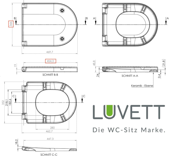 LUVETT® WC-Sitz D650 D-Form Weiss mit Absenkautomatik SoftClose, EasyClean (abnehmbar), Duroplast, e