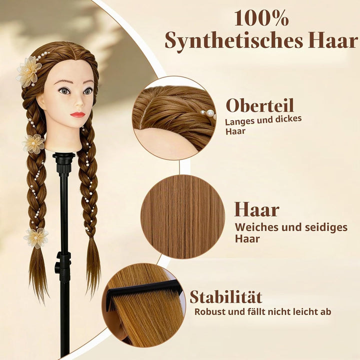 Yofuly 28-29Zoll / 71–74cm Frisierkopf mit Ohrlöchern, 100% Synthetikfaser-Haar Styling Kopf, Frisie