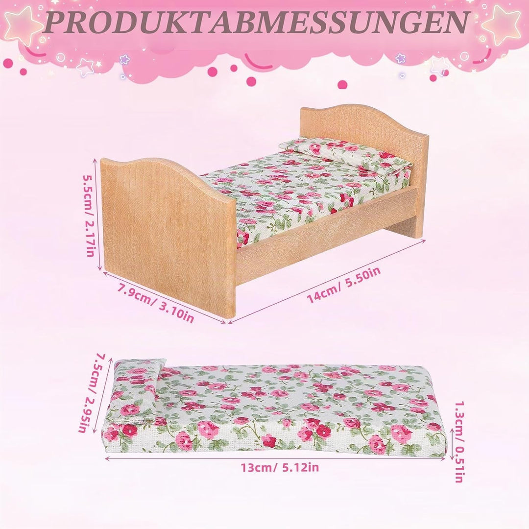 Kisangel 1 Set 1:12 Skala Mini-holzpuppenbett mit Rosenmuster Bettwäsche - Puppenhausmöbel für Puppe