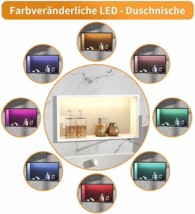 Wandnische Dusche Edelstahl mit RGB LED, Wandnische Bad Nische Duschnische Befliesbar mit Fernsteuer