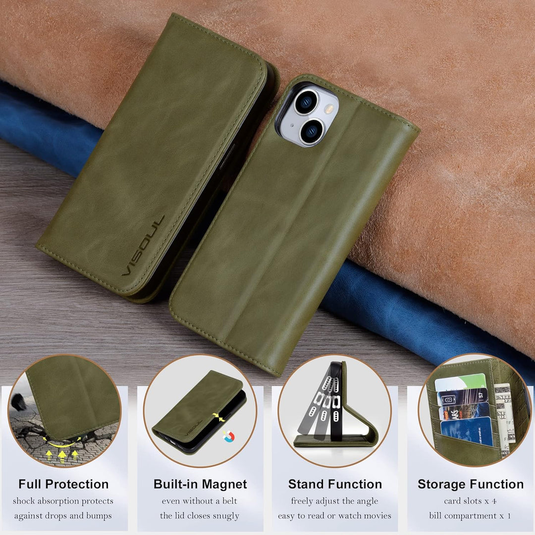 VISOUL iPhone 14 Plus Hülle, Stossfeste Handyhülle [Erstklassiges Rindsleder], TPU Schutzhülle [Kart