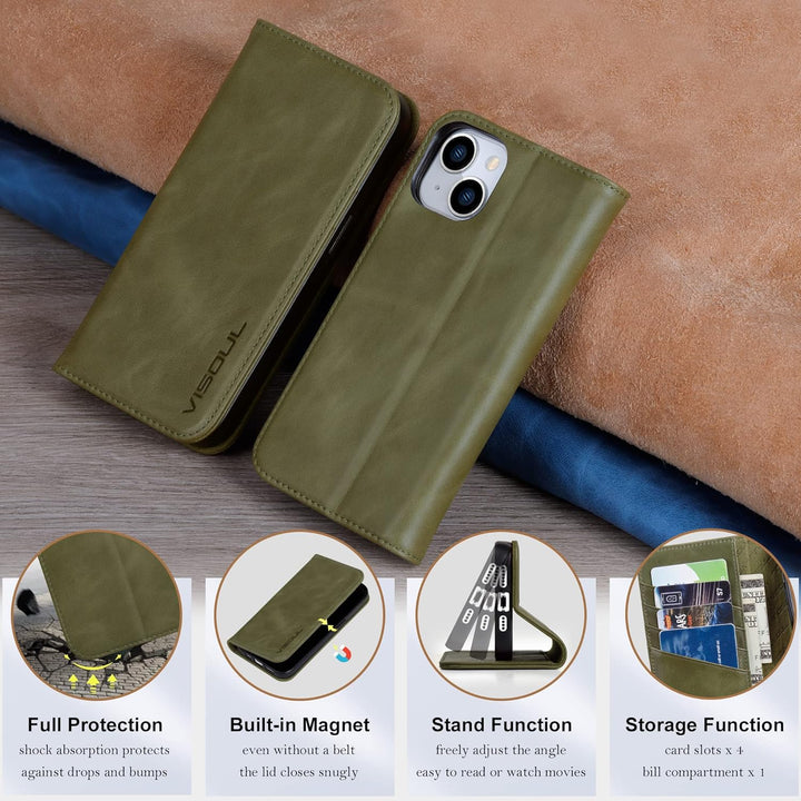 VISOUL iPhone 14 Plus Hülle, Stossfeste Handyhülle [Erstklassiges Rindsleder], TPU Schutzhülle [Kart